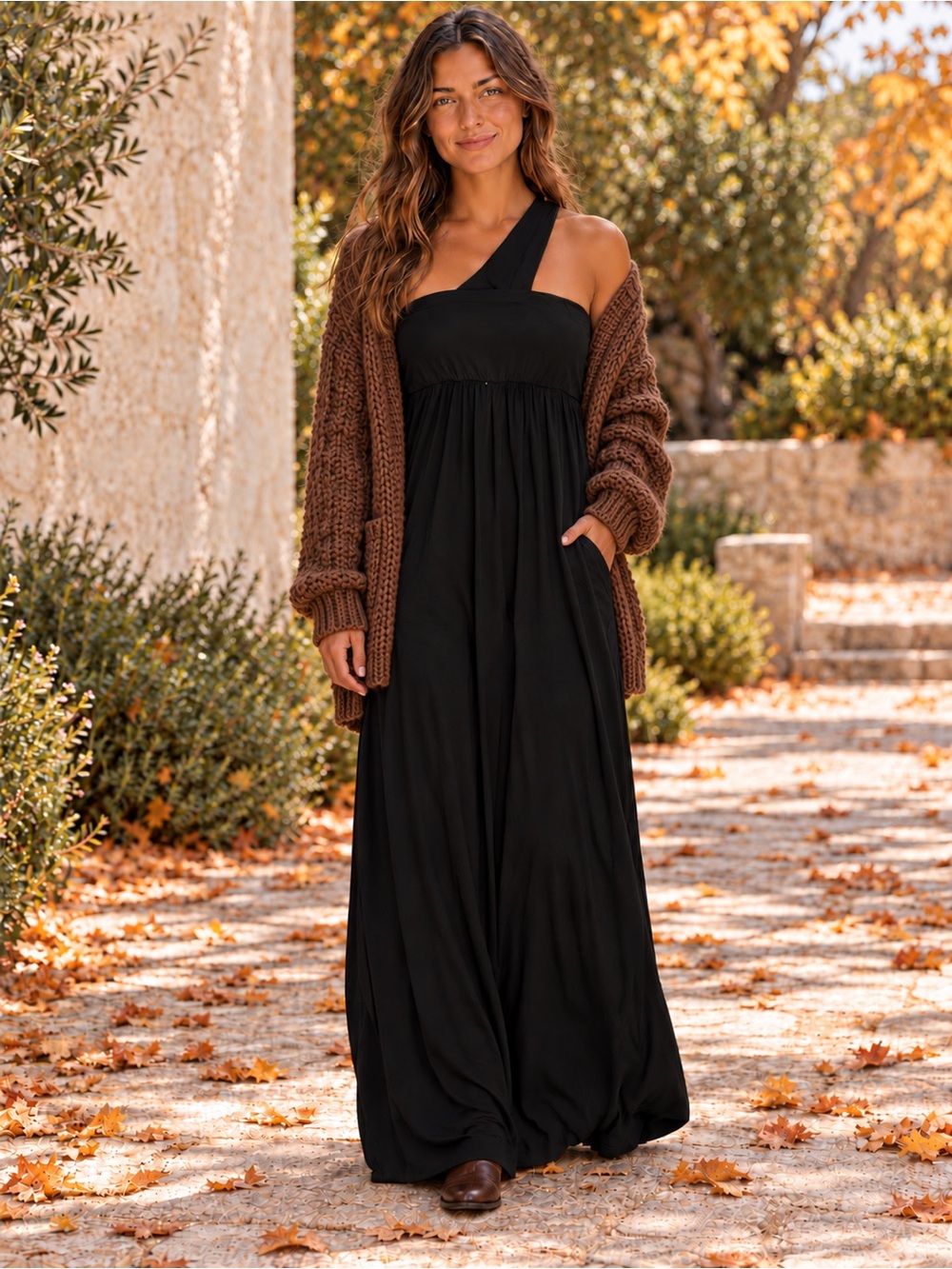 Soma Women’s One-Shoulder Black Maxi Dress With Pockets NEW WITH TAGS